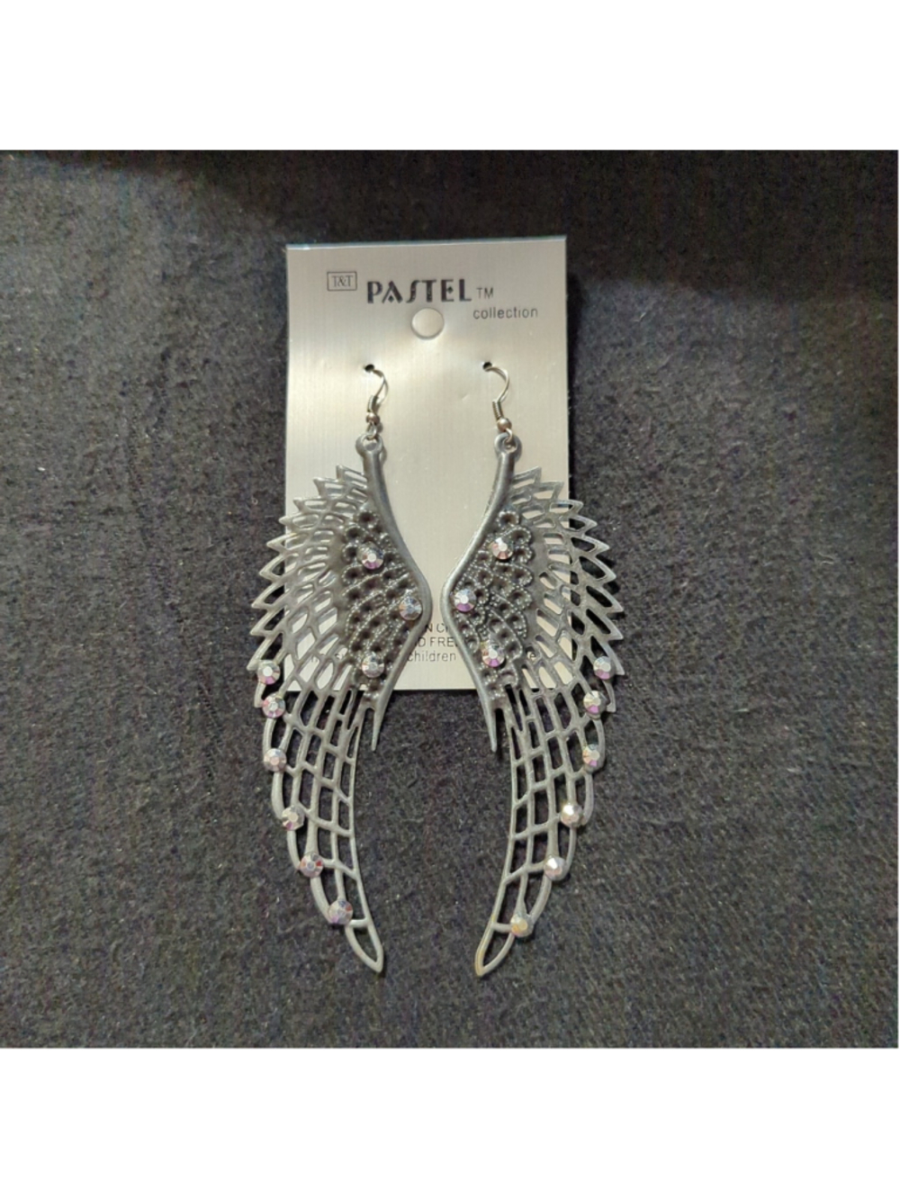 Pastel Collection Silver Tone Rhinestone Angel Wing Statement Earrings